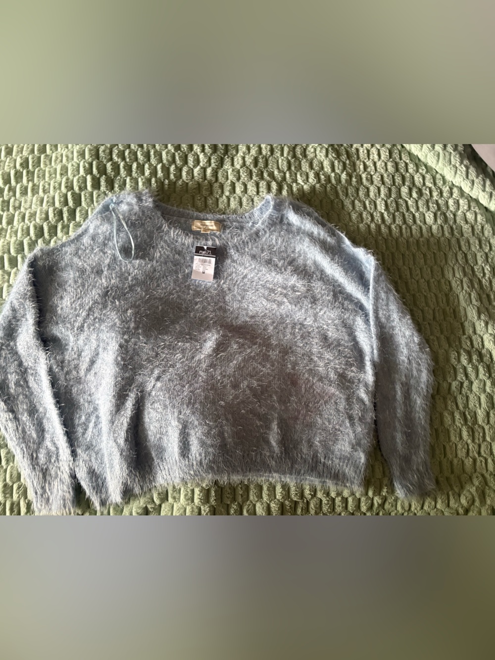 NWT-12-14 Cold Shoulder Y2K cotton Prairie
Fuzzy Crewneck Sweater in Light Blue
